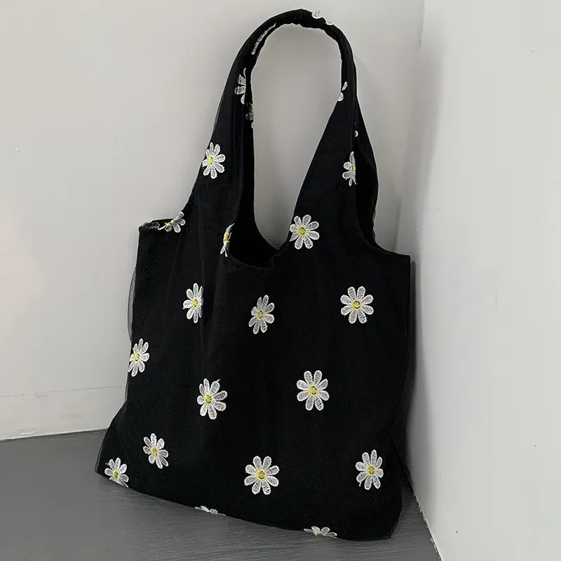 Women Fashion Lace Floral Mesh Embroidered Large Capacity Tote Bag - Image 4