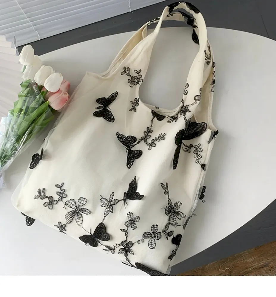 Women Fashion Lace Floral Mesh Embroidered Large Capacity Tote Bag - Image 9