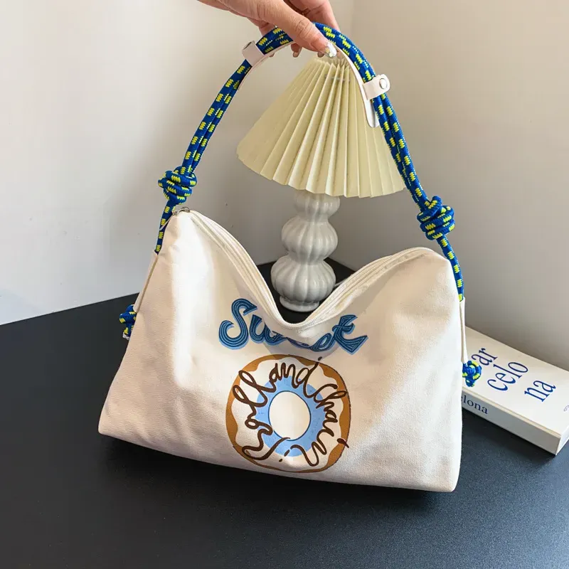Summer Women Fashion Casual Donut Print Large Capacity Canvas Tote Bag