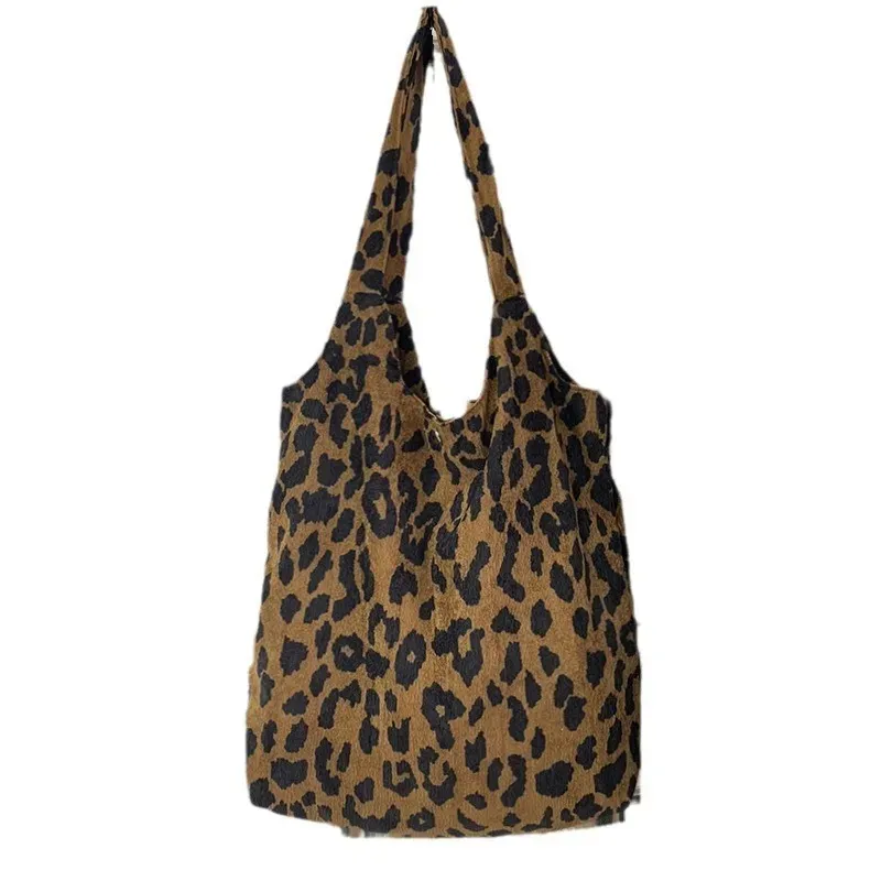 Women Fashion Corduroy Leopard Print Large Capacity Canvas Tote Bag - Image 5