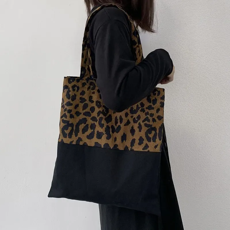 Women Fashion Corduroy Leopard Print Large Capacity Canvas Tote Bag - Image 8