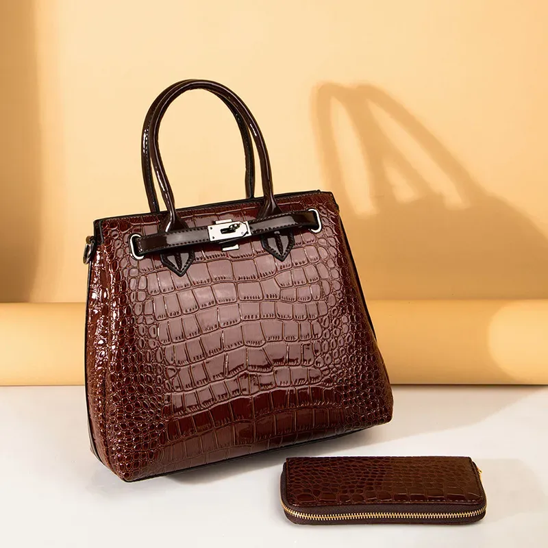 Women Fashionable Large Capacity Crocodile-Print Patent Leather Purses Handle Shoulder Bag Two-Piece Set - Image 3