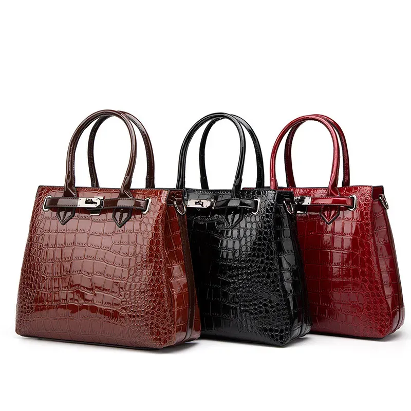Women Fashionable Large Capacity Crocodile-Print Patent Leather Purses Handle Shoulder Bag Two-Piece Set - Image 5