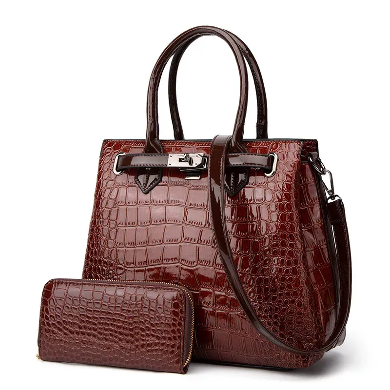 Women Fashionable Large Capacity Crocodile-Print Patent Leather Purses Handle Shoulder Bag Two-Piece Set - Image 6