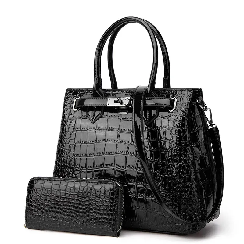 Women Fashionable Large Capacity Crocodile-Print Patent Leather Purses Handle Shoulder Bag Two-Piece Set - Image 7