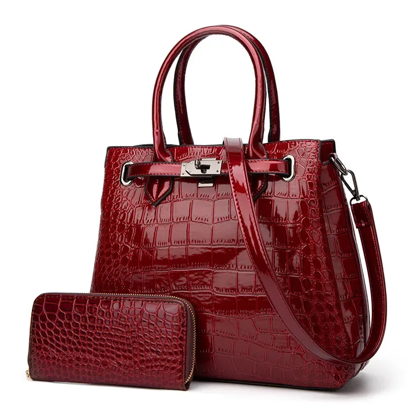 Women Fashionable Large Capacity Crocodile-Print Patent Leather Purses Handle Shoulder Bag Two-Piece Set - Image 8
