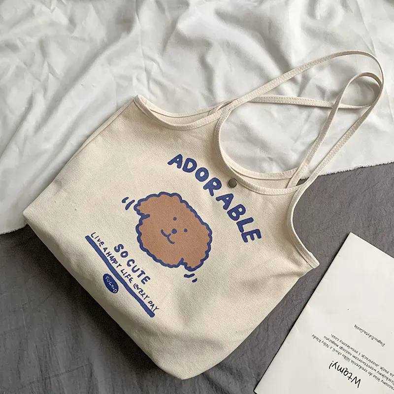 Women Cartoon Cute Letter Bear Printed Large Capacity Canvas Tote Bag - Image 3