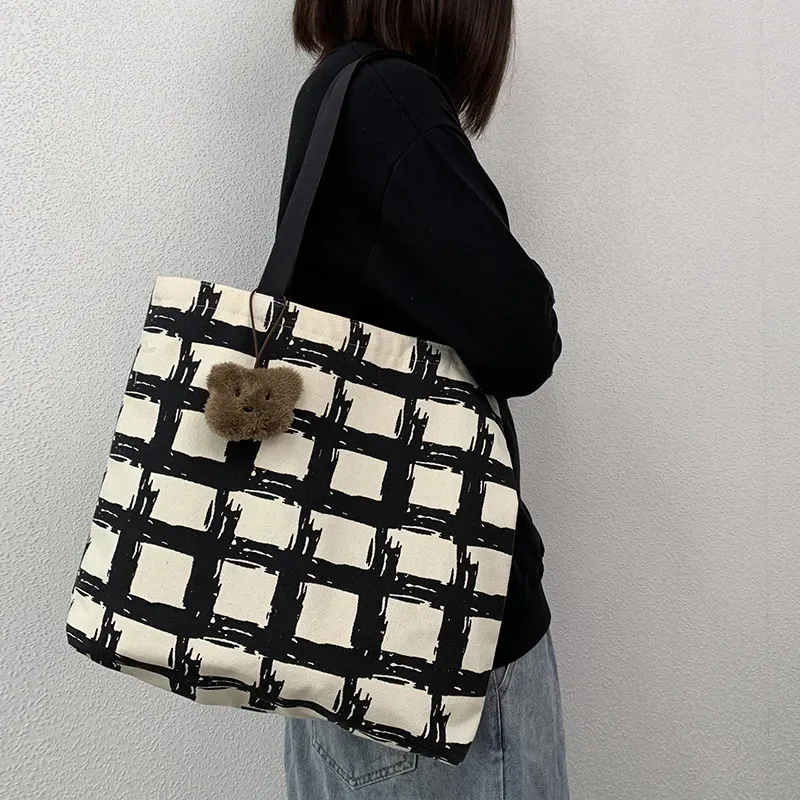 Women Fashionable Large Capacity Check Bear Pendant Canvas Tote Bag