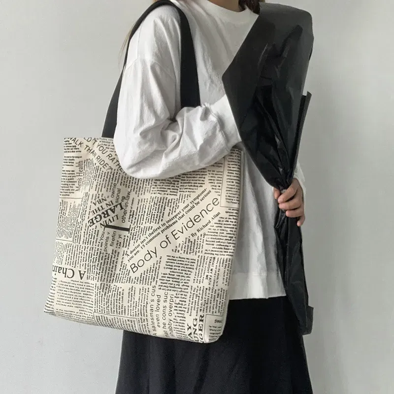 Women Fashion Creative Newspaper Printed Large Capacity Canvas Tote Bag