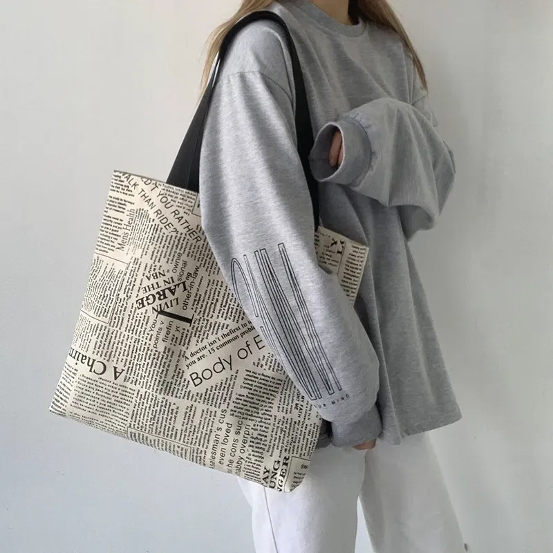 Women Fashion Creative Newspaper Printed Large Capacity Canvas Tote Bag - Image 4