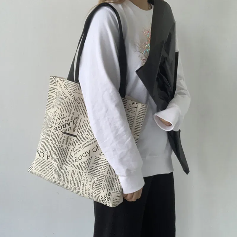 Women Fashion Creative Newspaper Printed Large Capacity Canvas Tote Bag - Image 6