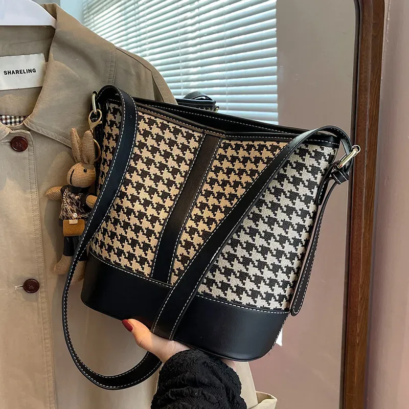 Women Fashion Houndstooth Cartoon Pendant Bucket Shoulder Bag - Image 4