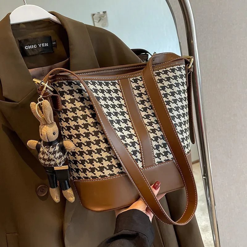 Women Fashion Houndstooth Cartoon Pendant Bucket Shoulder Bag - Image 5