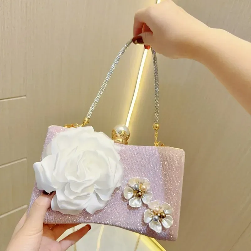 Women Fashion Elegant Three-Dimensional Pearl Floral Square Evening Bag