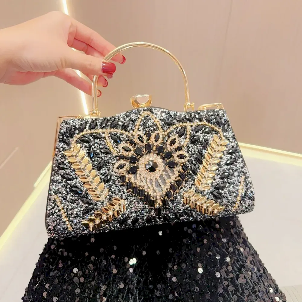 Women Fashion Floral Rhinestone Square Handle Chain Evening Bag