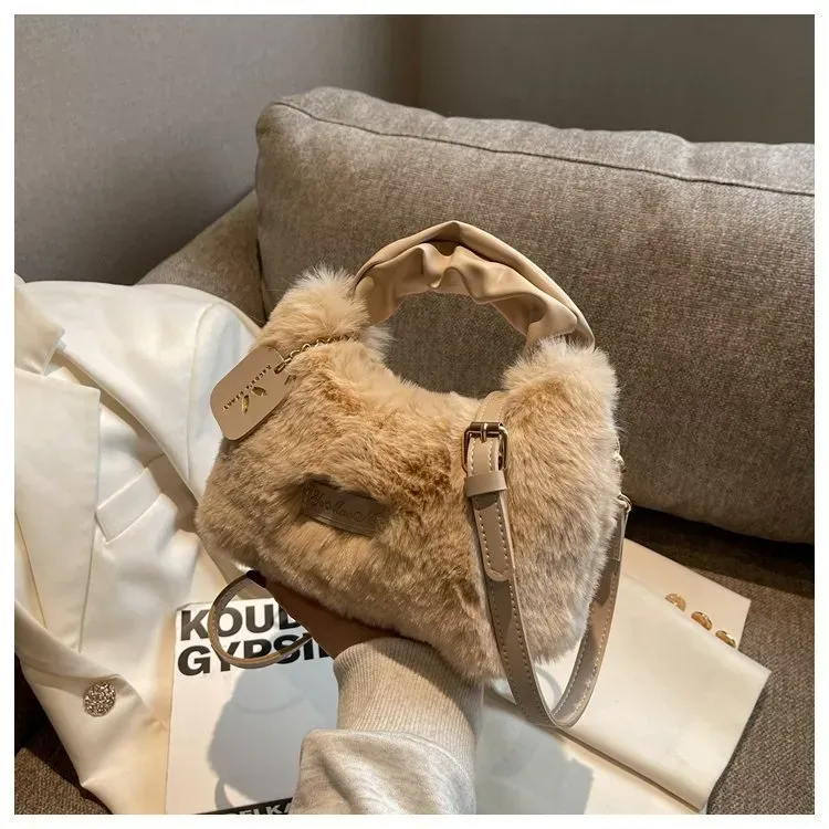 Women Simple Solid Color Plush Square Handle Crossbody Bag - Image 3