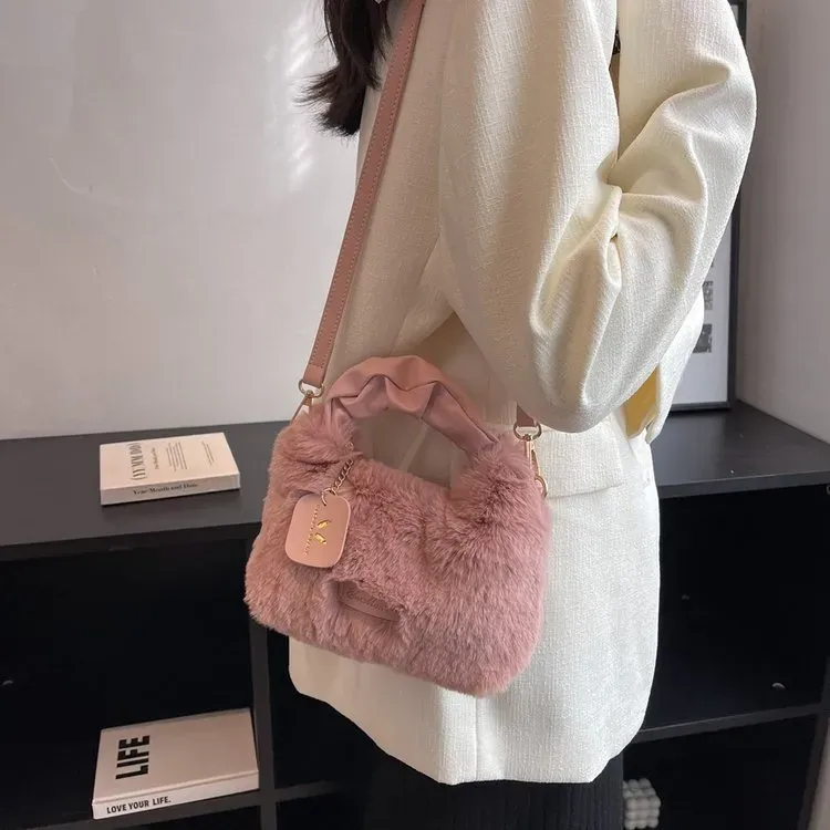 Women Simple Solid Color Plush Square Handle Crossbody Bag - Image 4
