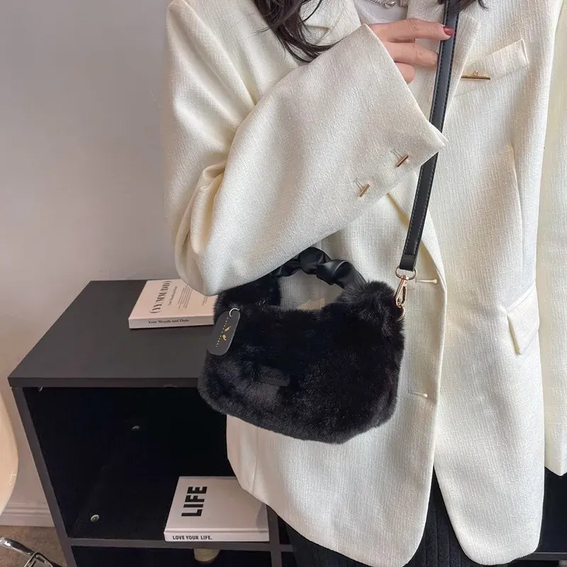 Women Simple Solid Color Plush Square Handle Crossbody Bag - Image 6