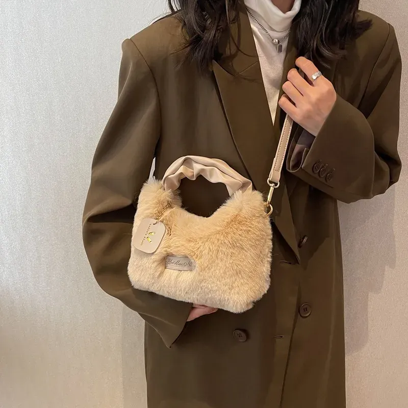 Women Simple Solid Color Plush Square Handle Crossbody Bag - Image 8