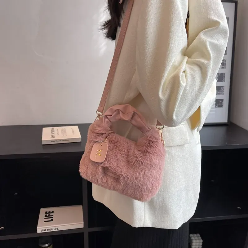 Women Simple Solid Color Plush Square Handle Crossbody Bag - Image 9
