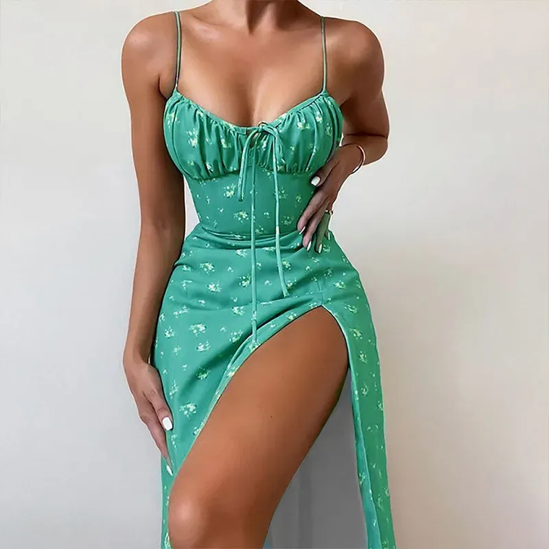 Summer Women Fashion Sexy Small Tiny Flower Print Sling Split Dress - Image 8