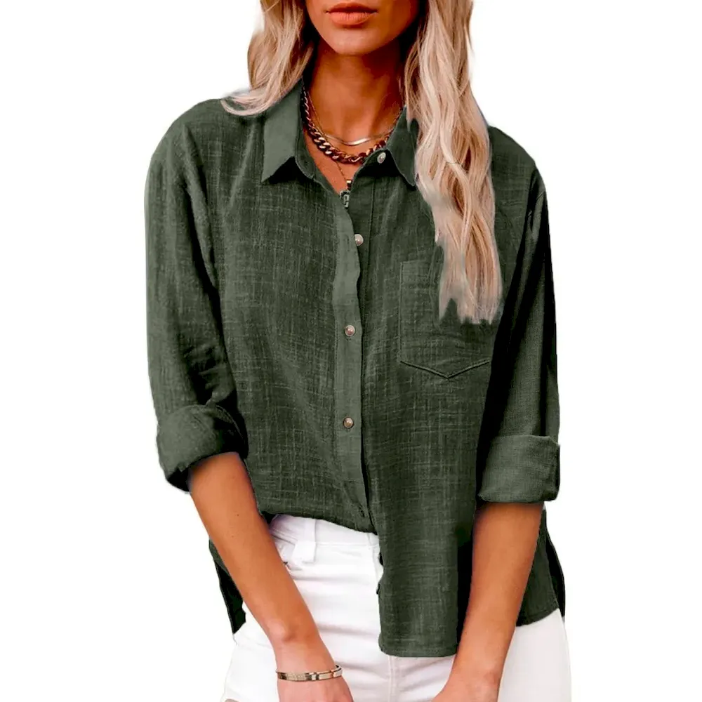 Women Casual Solid Color Cotton Linen Blouses - Image 4