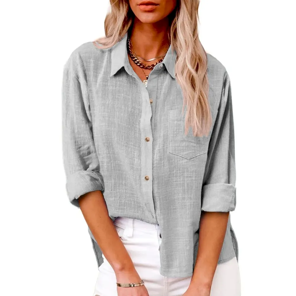 Women Casual Solid Color Cotton Linen Blouses - Image 6