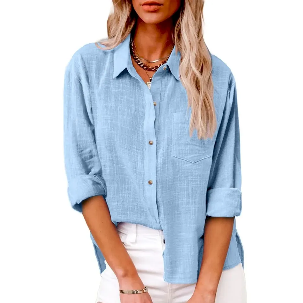 Women Casual Solid Color Cotton Linen Blouses - Image 12