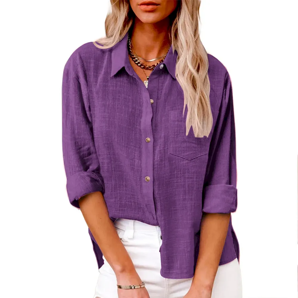 Women Casual Solid Color Cotton Linen Blouses - Image 19