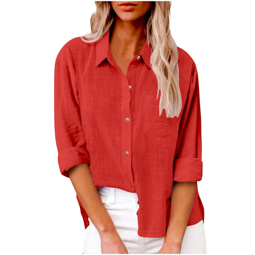 Women Casual Solid Color Cotton Linen Blouses - Image 24