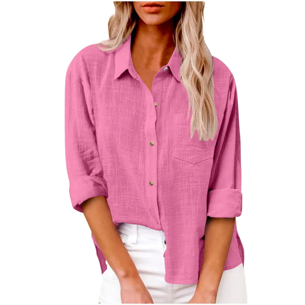 Women Casual Solid Color Cotton Linen Blouses - Image 28