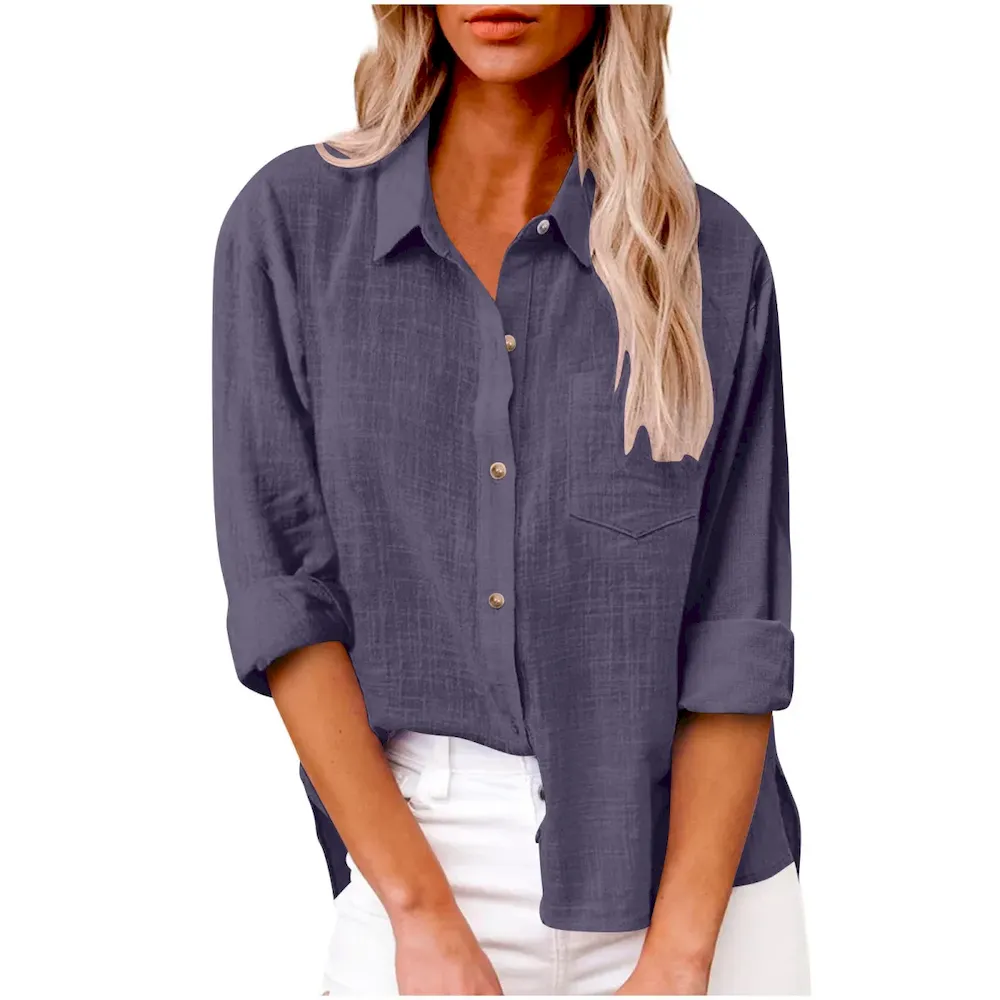 Women Casual Solid Color Cotton Linen Blouses - Image 30