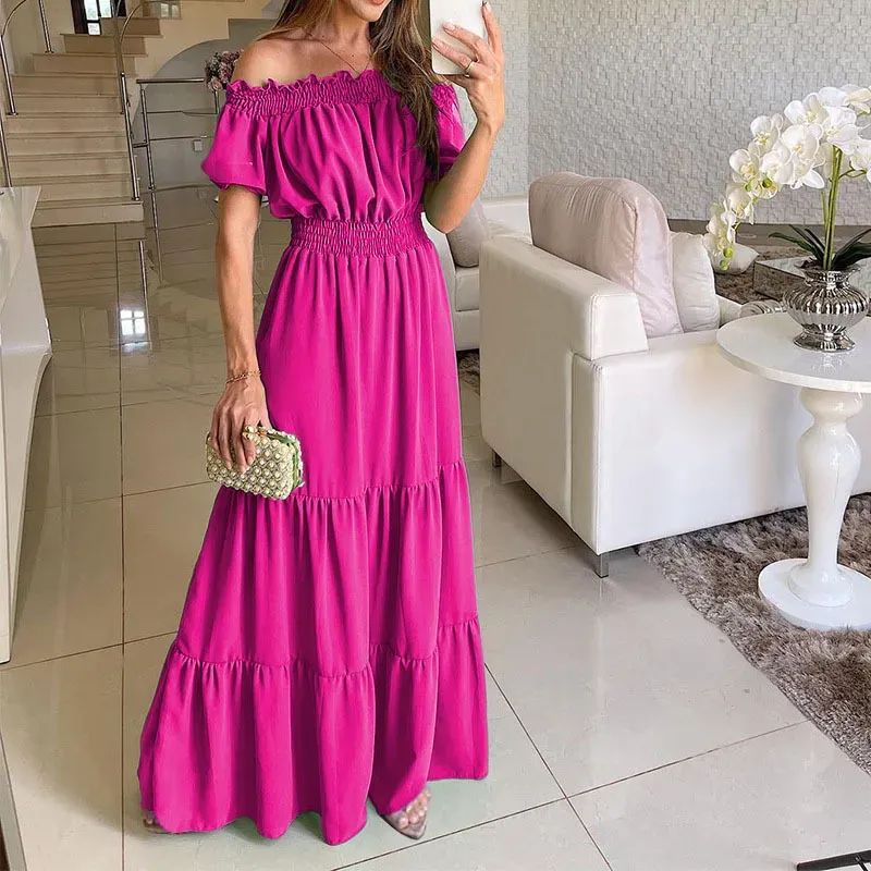 Summer Women Fashion Casual Solid Color Off Shoulder Short Sleeve Maxi Dress - Image 4