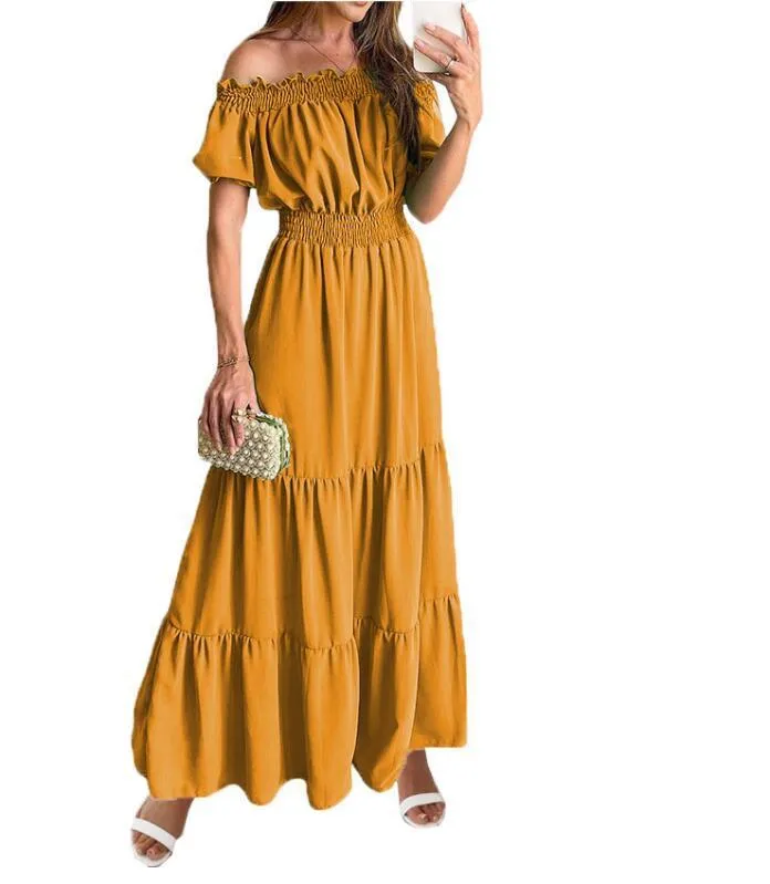 Summer Women Fashion Casual Solid Color Off Shoulder Short Sleeve Maxi Dress - Image 5