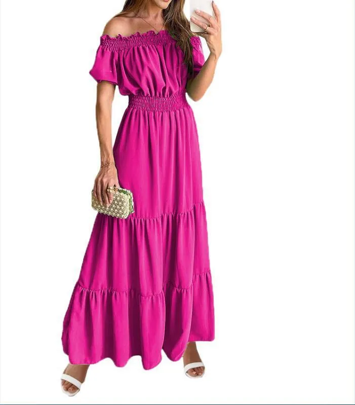 Summer Women Fashion Casual Solid Color Off Shoulder Short Sleeve Maxi Dress - Image 7