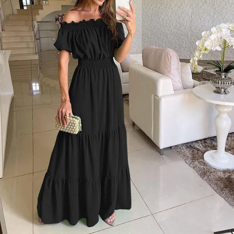 Summer Women Fashion Casual Solid Color Off Shoulder Short Sleeve Maxi Dress - Image 8