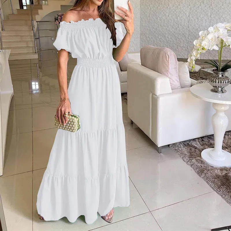 Summer Women Fashion Casual Solid Color Off Shoulder Short Sleeve Maxi Dress - Image 10