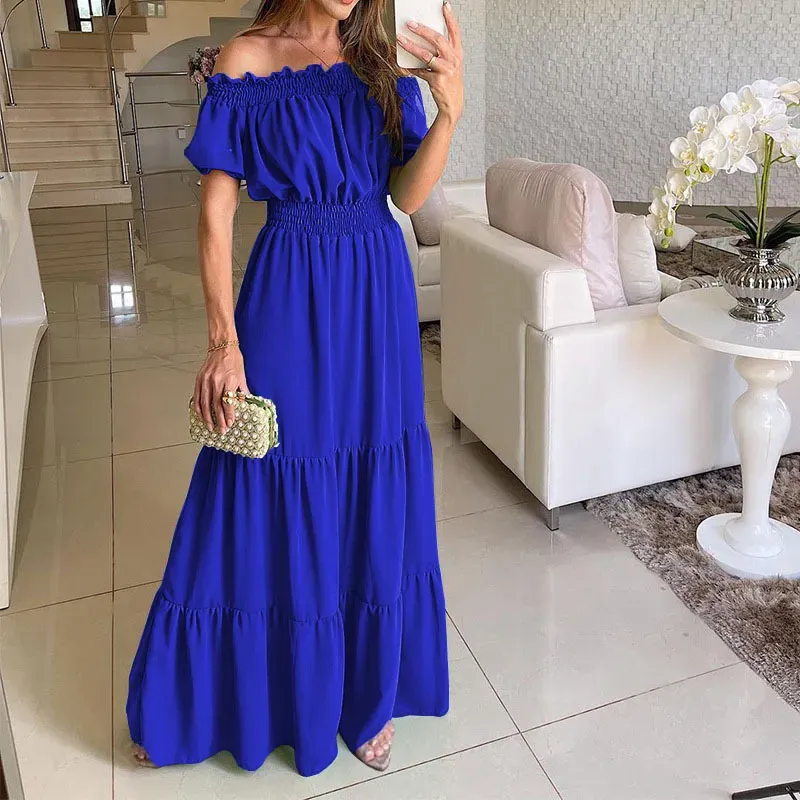 Summer Women Fashion Casual Solid Color Off Shoulder Short Sleeve Maxi Dress - Image 11