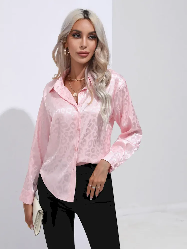 Women Fashion Leopard Satin Silk Long Sleeve Shirt - Image 4
