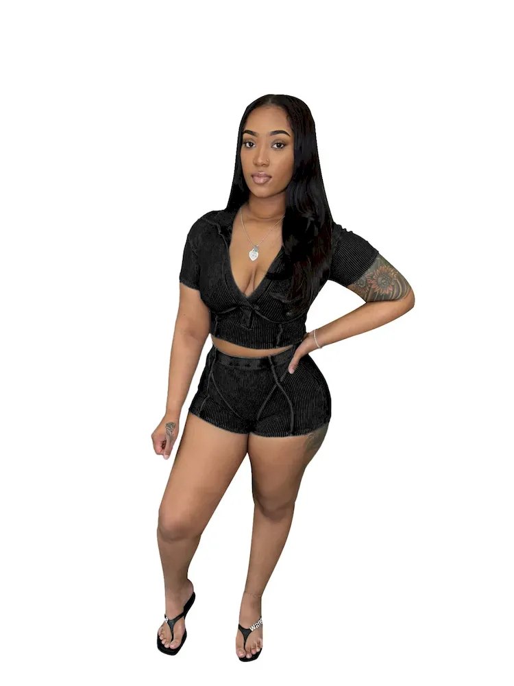 Women Fashion Casual Deep V-Collar Short Sleeve Threaded Top Shorts Two-Piece Set - Image 4