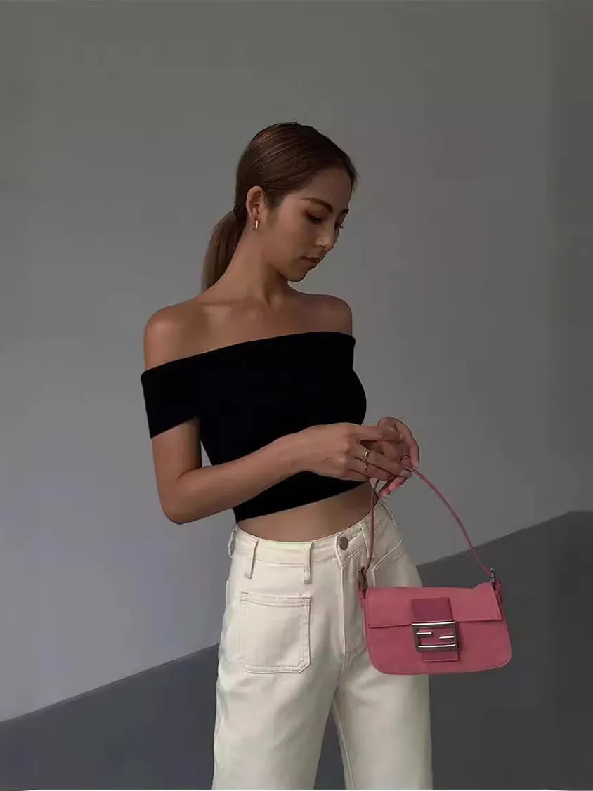 Solid Color Short-Sleeved Summer Women Off Shoulder Crop Top T-Shirt - Image 4