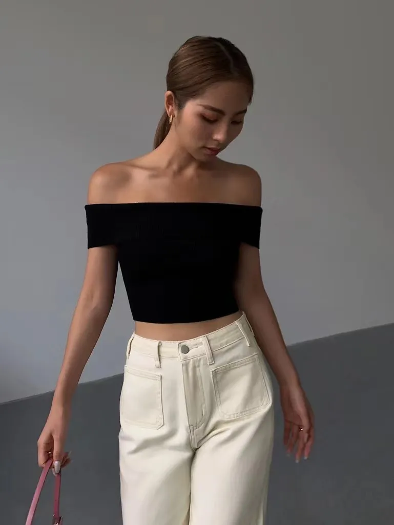 Solid Color Short-Sleeved Summer Women Off Shoulder Crop Top T-Shirt - Image 5