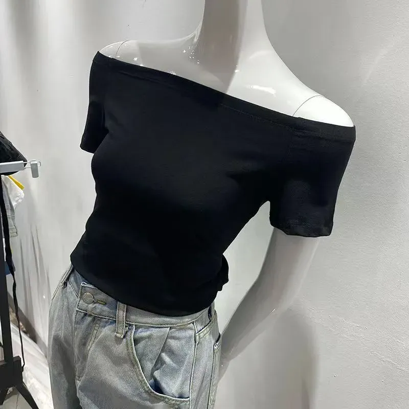 Solid Color Short-Sleeved Summer Women Off Shoulder Crop Top T-Shirt - Image 6