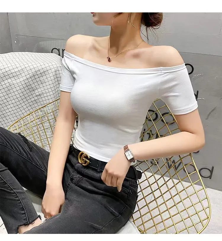 Solid Color Short-Sleeved Summer Women Off Shoulder Crop Top T-Shirt - Image 7