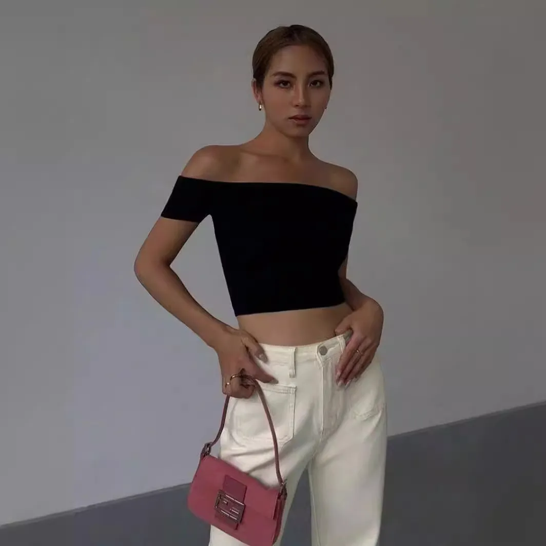 Solid Color Short-Sleeved Summer Women Off Shoulder Crop Top T-Shirt - Image 9