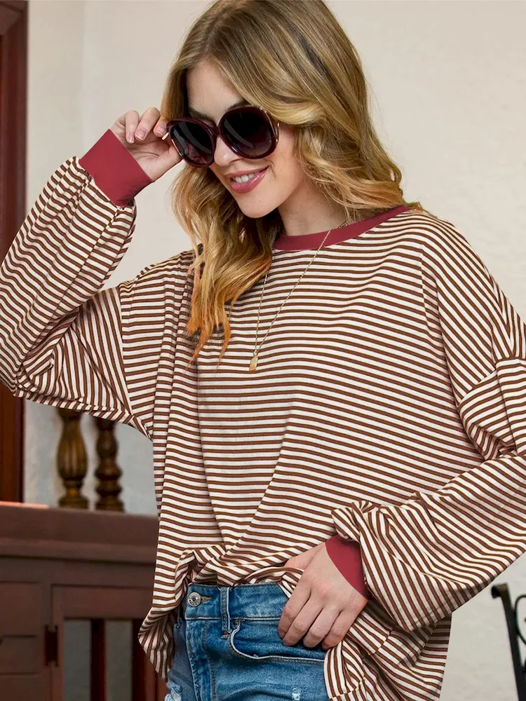 Women Casual Stripe Crewneck Long Sleeve Sweatshirt - Image 4