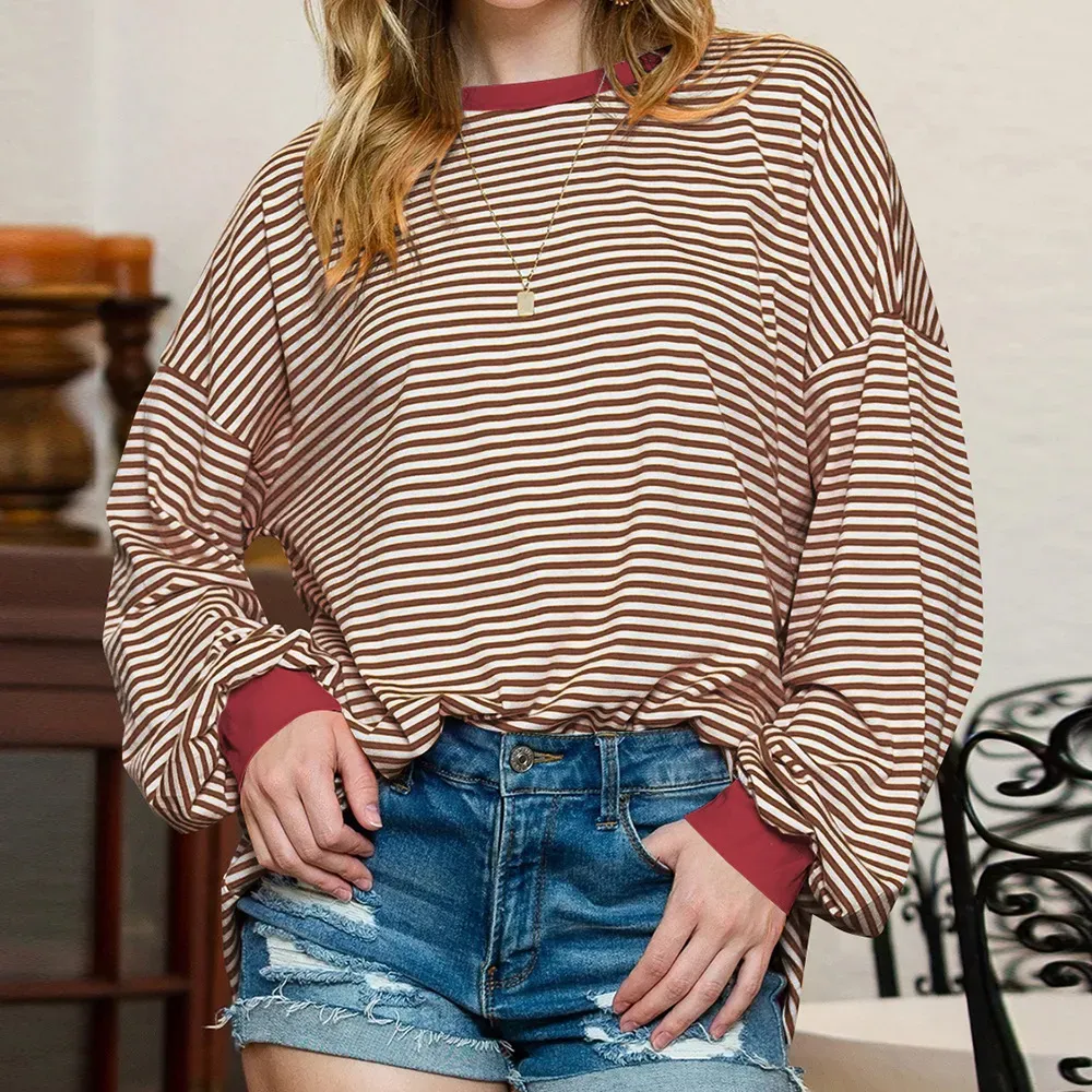 Women Casual Stripe Crewneck Long Sleeve Sweatshirt - Image 9