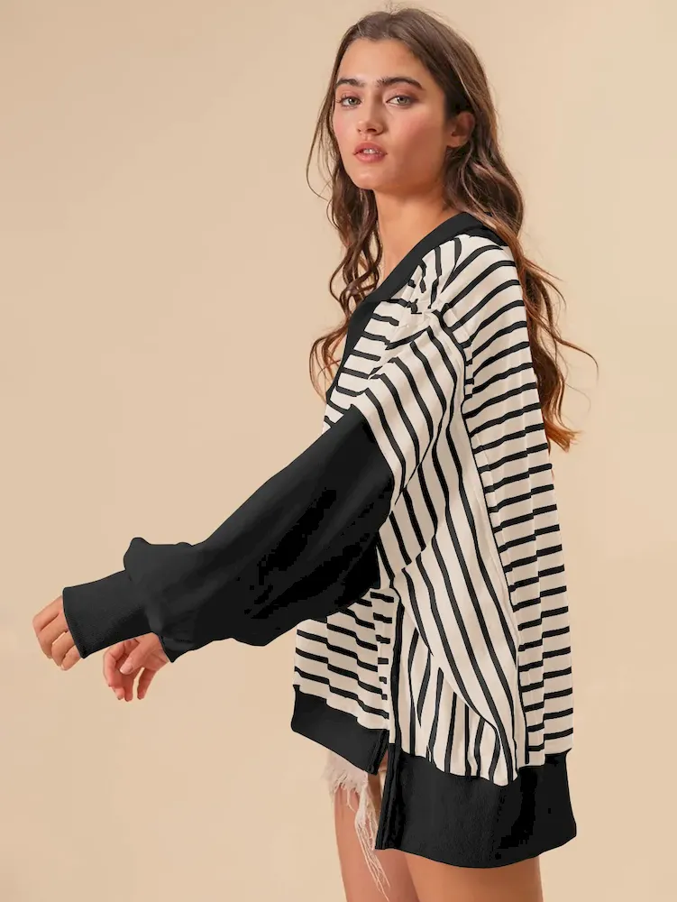 Women Fashion Loose Striped Print Lel Long Sleeve Sweatshirt - Image 3