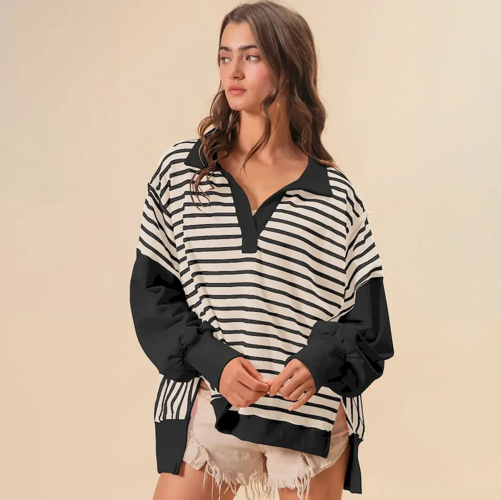 Women Fashion Loose Striped Print Lel Long Sleeve Sweatshirt - Image 9