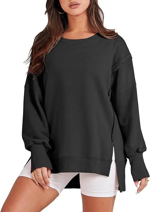 Women Casual Solid Color Crewneck Long Sleeve Split Blank Sweatshirt - Image 3